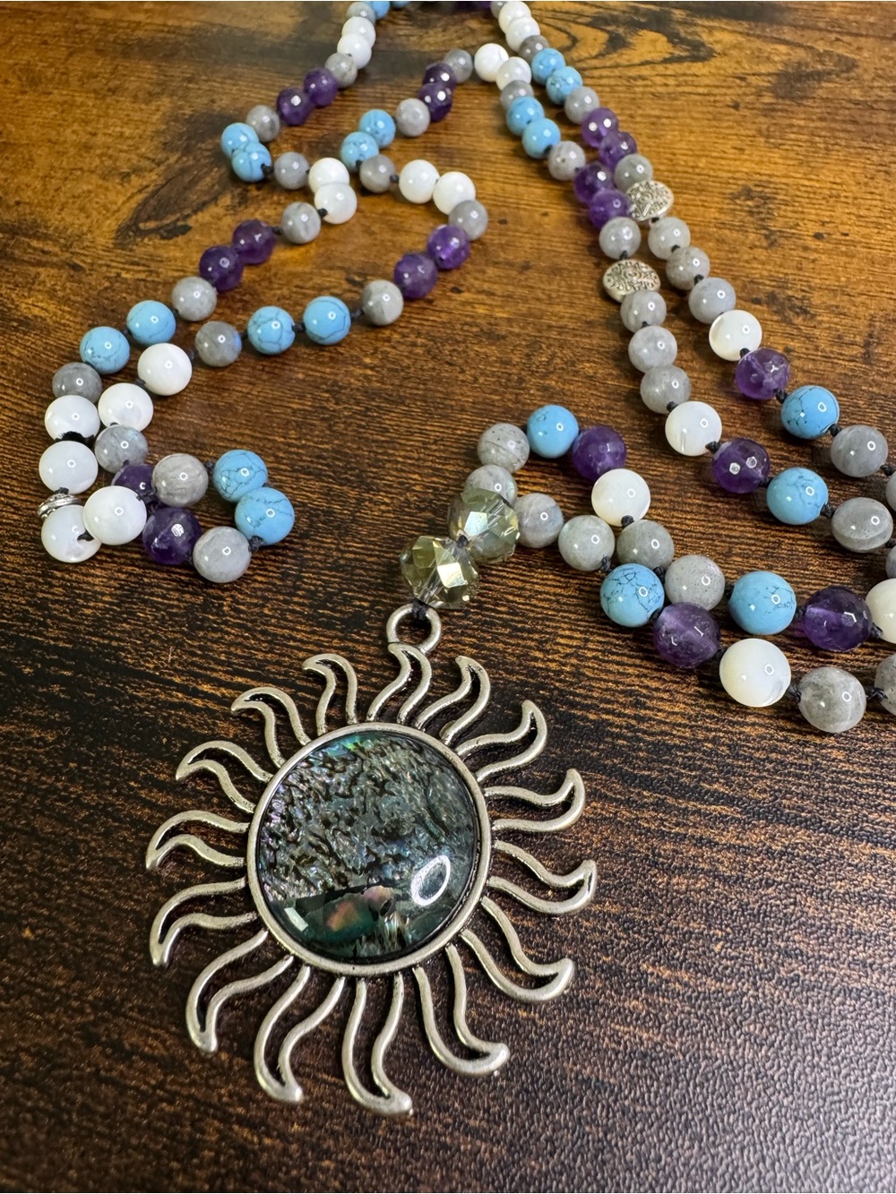 Beaded Abalone Sun Pendant Necklace with Labradorite, Amethyst and MOP Beads